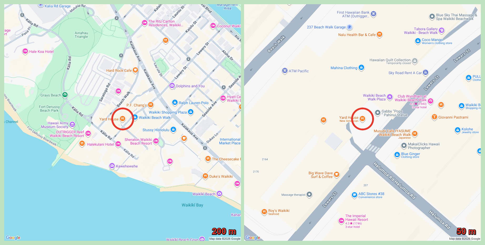 ヤードハウス（ワイキキ・ビーチ・ウォーク店）周辺のGoogleマップ