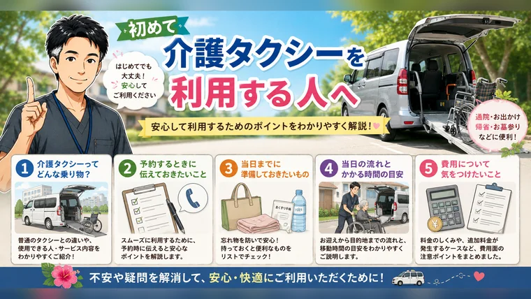 初めて介護タクシーを利用する人へ向けた案内イラスト