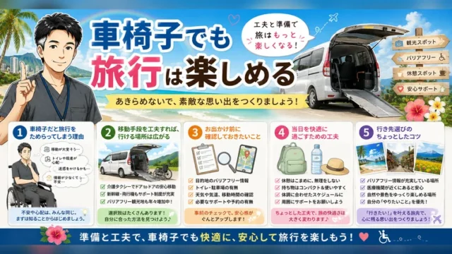 車椅子でも旅行は楽しめることを紹介する案内イラスト