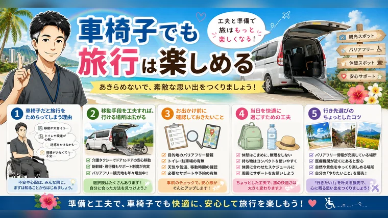 車椅子でも旅行は楽しめることを紹介する案内イラスト